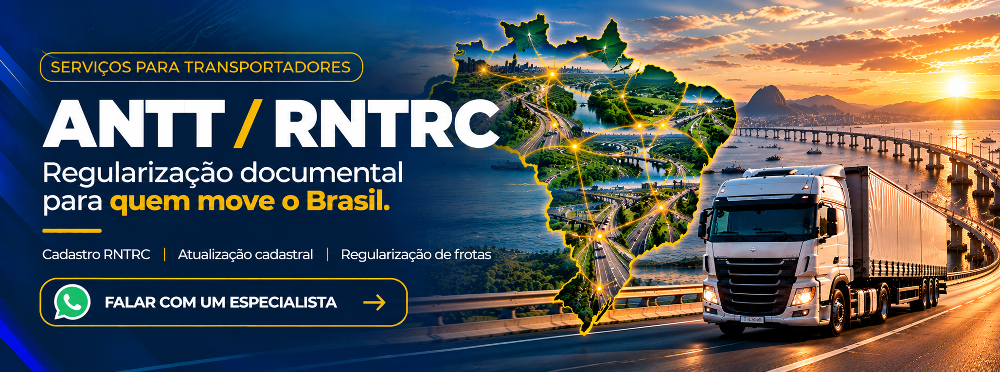 Serviços para transportadores: ANTT / RNTRC. Regularização documental para quem move o Brasil. Cadastro RNTRC, atualização cadastral e regularização de frotas. Falar com um especialista.
